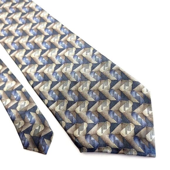 Bill Blass Tan Blue Beige Geometric Abstract Print Short Wide‎ Silk Tie - Picture 1 of 6